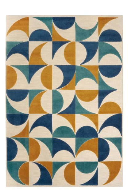 Geometric patterned rug with blue, orange, and beige colors on a white background