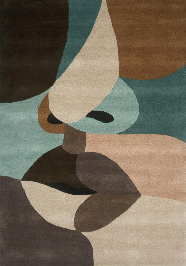 Abstract art piece with geometric shapes in brown, beige, and green on a textured surface.