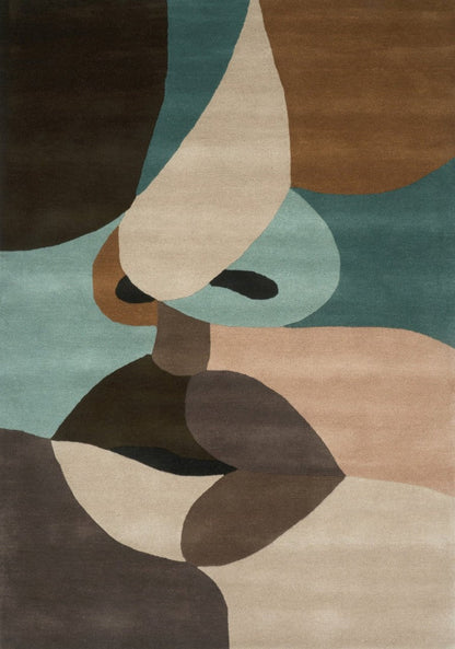 Abstract art piece with geometric shapes in brown, beige, and green on a textured surface.