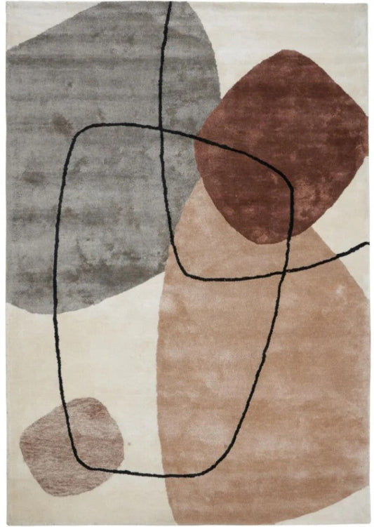 Luxury Carpet Décor rug featuring abstract shapes in grey, brown, and cream hues for modern interiors