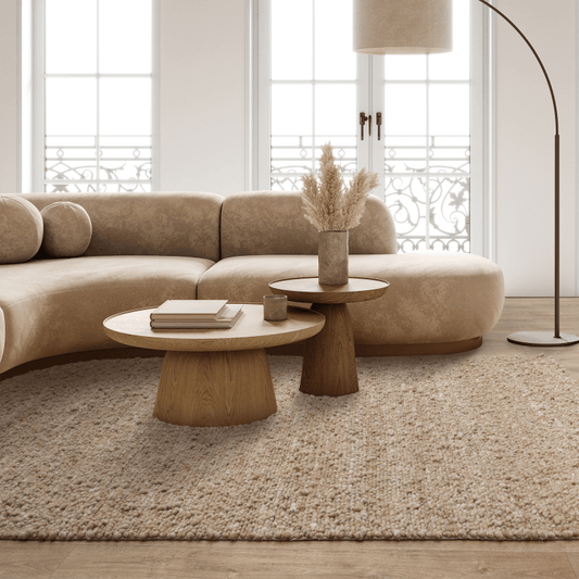 Asiatic Adler Chunky Boucle Rugs in neutral tones, soft texture, round shape, perfect for modern living spaces