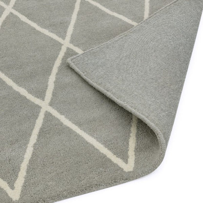 Luxury Asiatic Albany geometric rug UK in soft grey with white pattern and folded corner detail