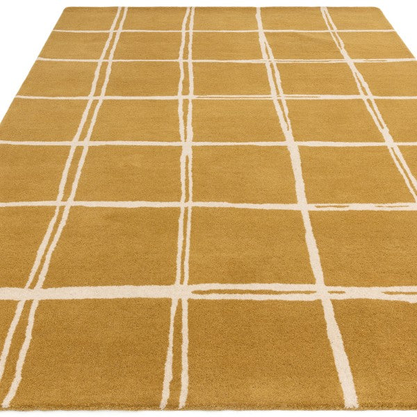 Asiatic luxury Albany geometric rug UK in mustard with white grid pattern for modern interiors