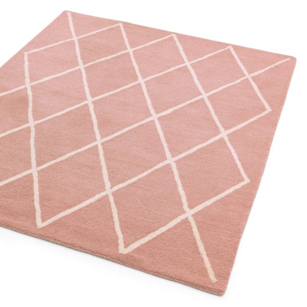 Asiatic luxury Albany geometric rug UK in soft pink with white diamond pattern for stylish interiors