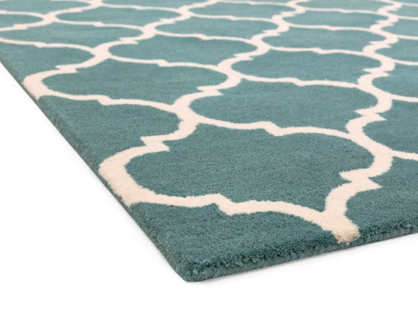 Asiatic luxury Albany geometric rug UK in teal with soft white interlocking pattern