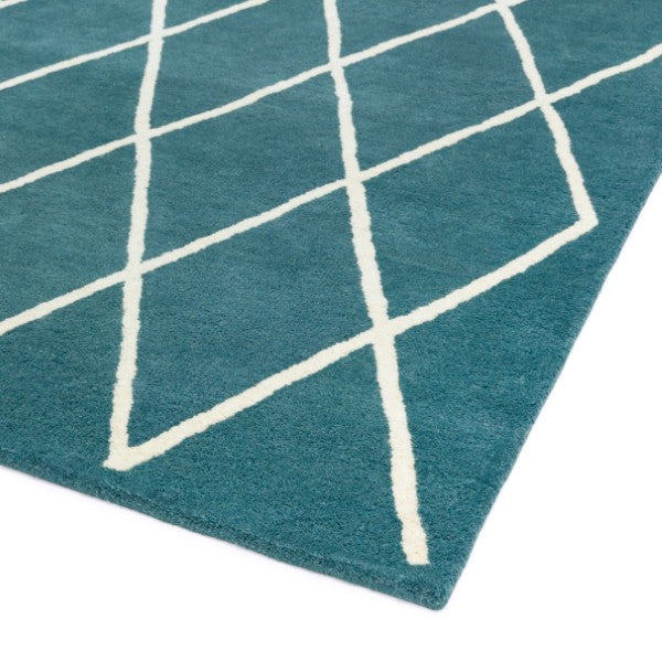 Asiatic luxury Albany geometric rug UK in teal with white crisscross pattern and soft texture