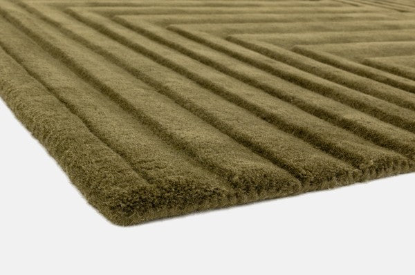 Close-up of Asiatic Contemporary Plains Rug in olive green with textured linear pattern and plush pile