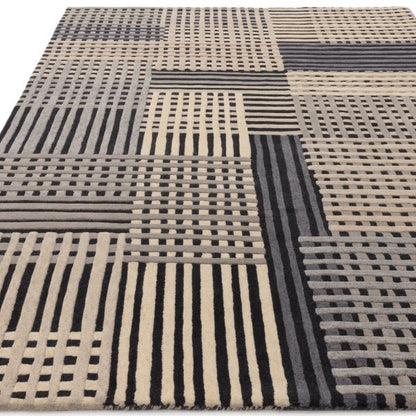 Asiatic Aspect Contemporary Designer Rug with geometric black grey and beige stripe patterns