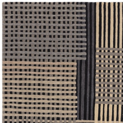 Asiatic Aspect Contemporary Designer Rug with black and beige geometric stripes and squares pattern