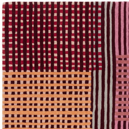 Asiatic Aspect Contemporary Designer Rug with geometric striped pattern in red, pink, brown and beige tones