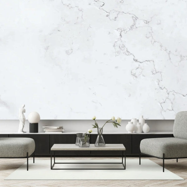 Modern living room with gray chairs, a coffee table, and decorative items against a marble wall.