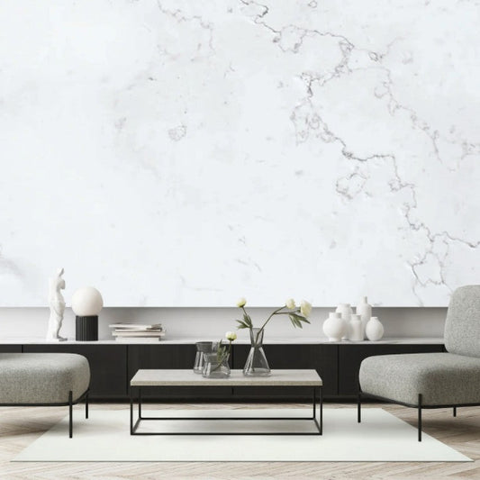 Modern living room with gray chairs, a coffee table, and decorative items against a marble wall.