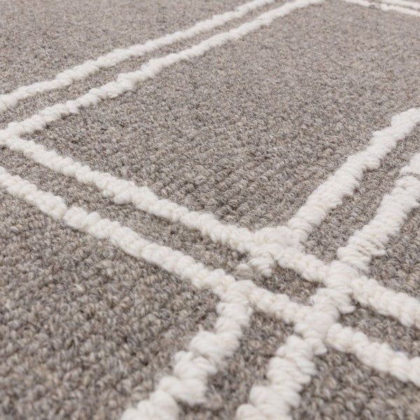 Close-up of luxury Asiatic Boho Collection Ada Rug showing textured grey fibres with white geometric patterns