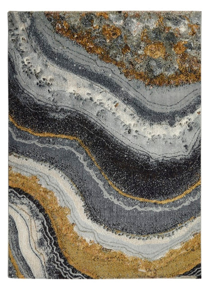 Concept Looms Amara Rug featuring a luxurious design with grey, black, and gold waves