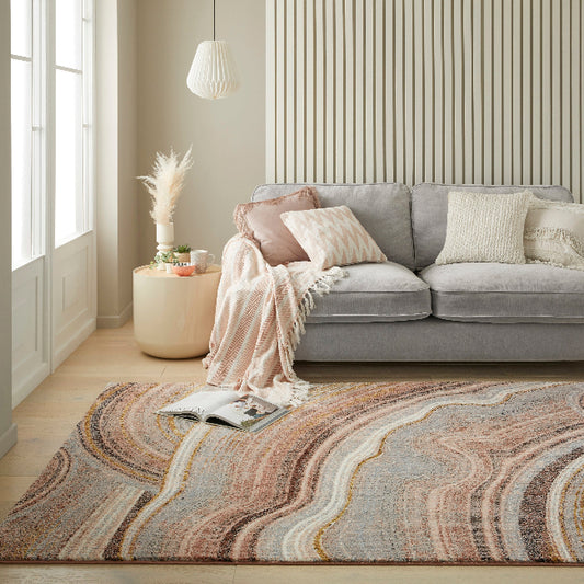 Concept Looms Amara Rug in a modern living room, featuring abstract patterns in soft colours