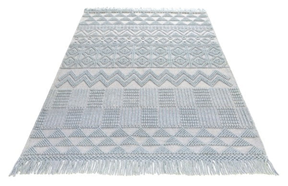 Concept Looms Anya Rug luxury woven rug with geometric patterns and fringed edges in soft grey tones