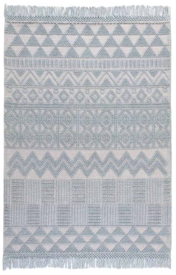 Concept Looms Anya Rug luxury rug with geometric patterns and fringed edges in soft blue and white