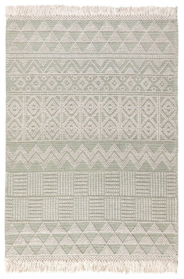 Concept Looms Anya Rug luxury flatwoven rug with geometric patterns and fringed edges in soft green and beige
