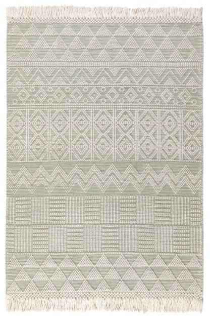 Concept Looms Anya Rug luxury flatwoven rug with geometric patterns and fringed edges in soft green and beige