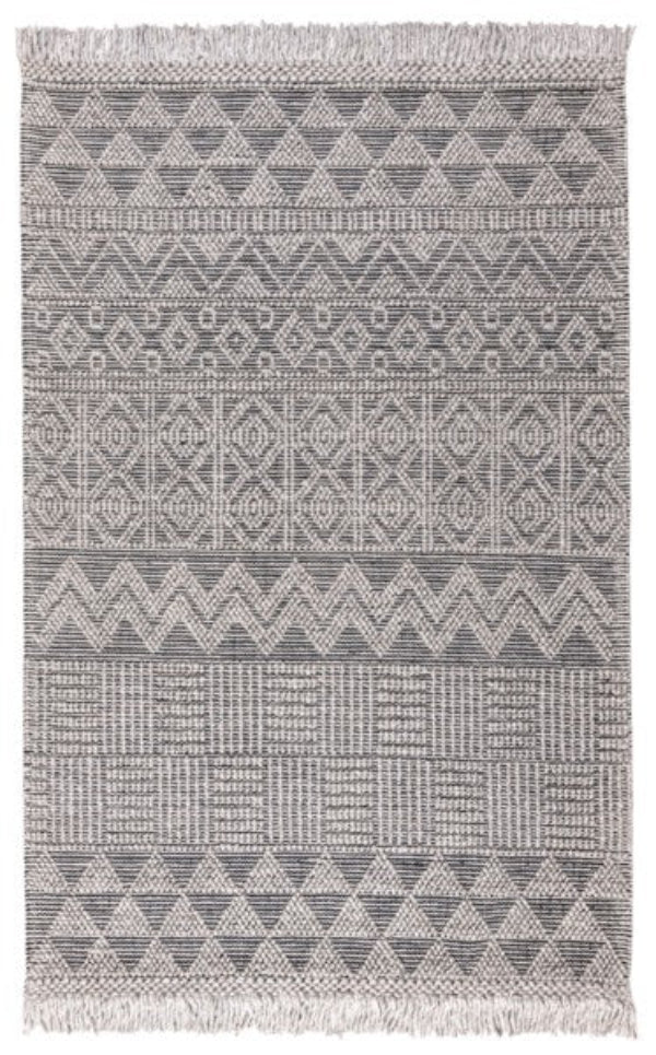 Concept Looms Anya Rug luxury grey and white patterned flatwoven rug with geometric designs and fringed edges