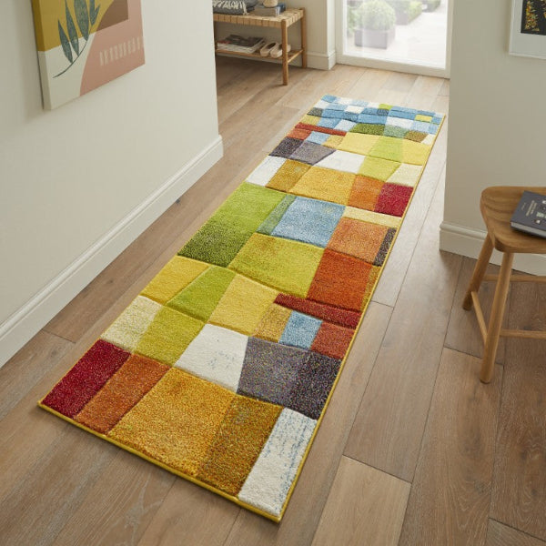 Concept Looms Viva Rug luxury runner with vibrant multicolour geometric block pattern on wooden floor