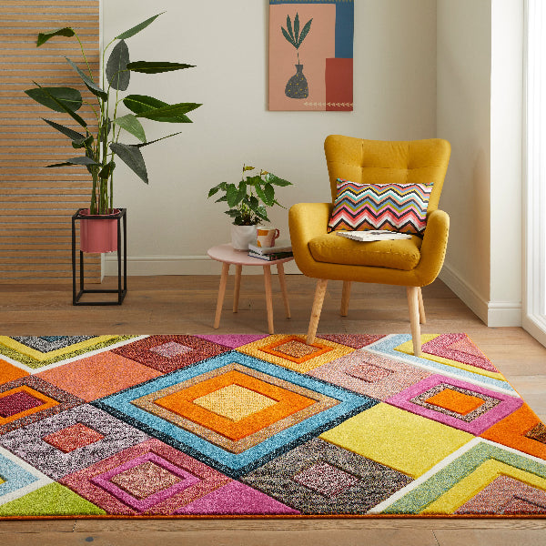 Concept Looms Viva Rug luxury rug with colourful geometric patterns in a modern living room