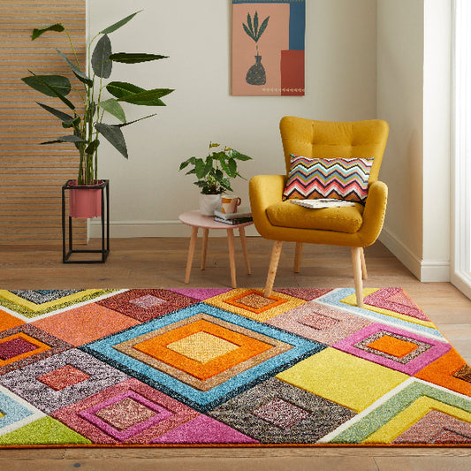 Concept Looms Viva Rug luxury rug with colourful geometric patterns in a modern living room