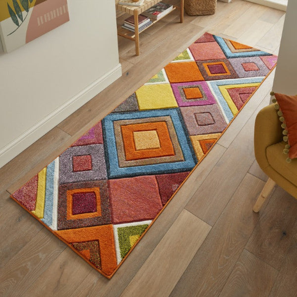 Concept Looms Viva Rug luxury runner with vibrant geometric multicolour patterns on wooden floor