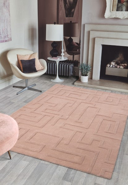 Asiatic Contemporary Plains Collection Maze Rug in soft pink with geometric pattern in modern living room