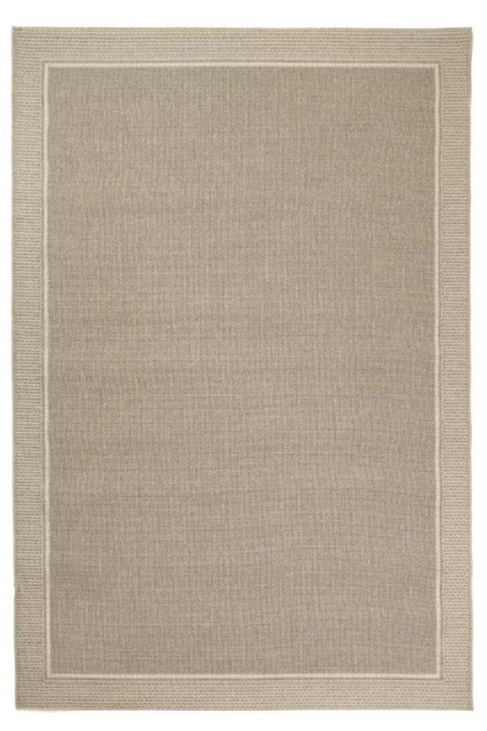 Beige area rug with a subtle pattern on a white background