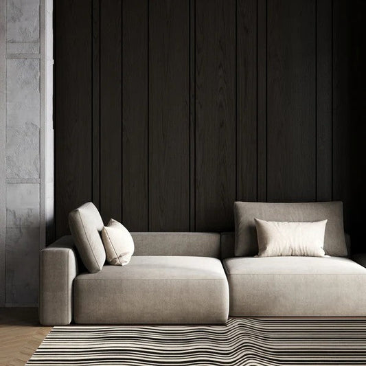 Beige sofa against a dark paneled wall with a striped rug on the floor.