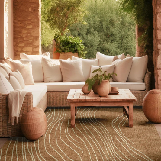 Duna Stylish Outdoor Rug Range featured in a beautifully arranged patio with cosy seating and natural decor