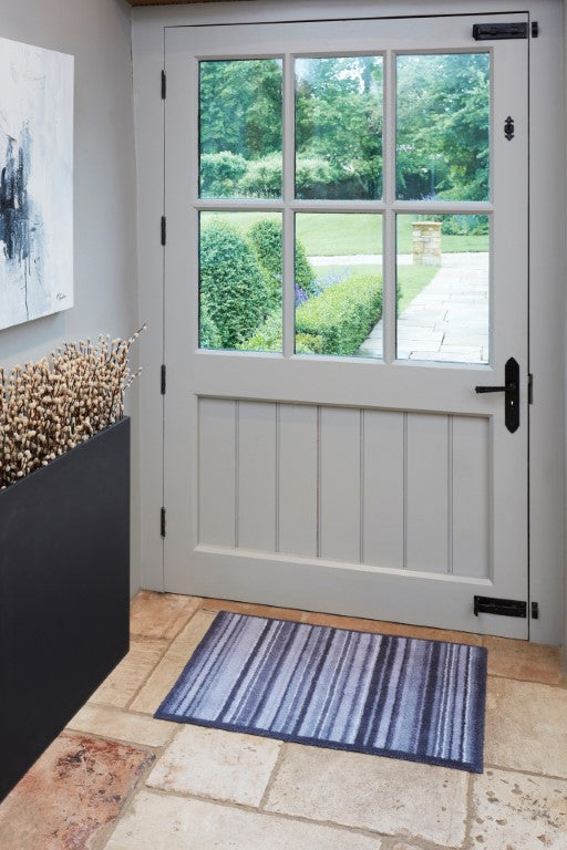 Turtle Mat Striped Floor Mat in Blue and Grey for Indoor Entryway with Stylish Design