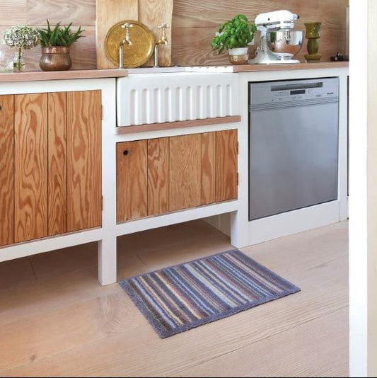 Turtle Mat striped floor mat in a modern kitchen, placed by the sink area for added comfort