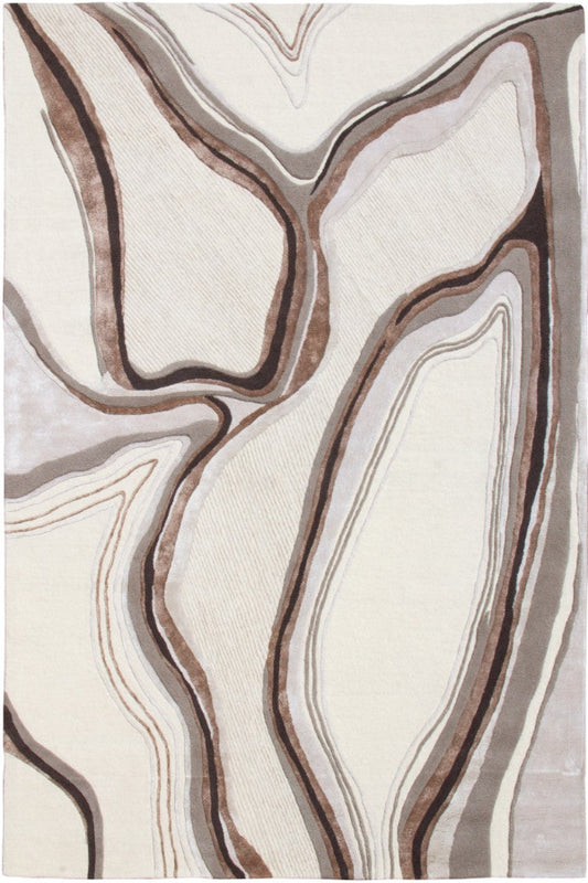 Rug with abstract brown and beige pattern on a white background
