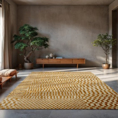 Louis De Poortere Berber Rug in warm tones on living room floor with modern wooden sideboard and indoor plants