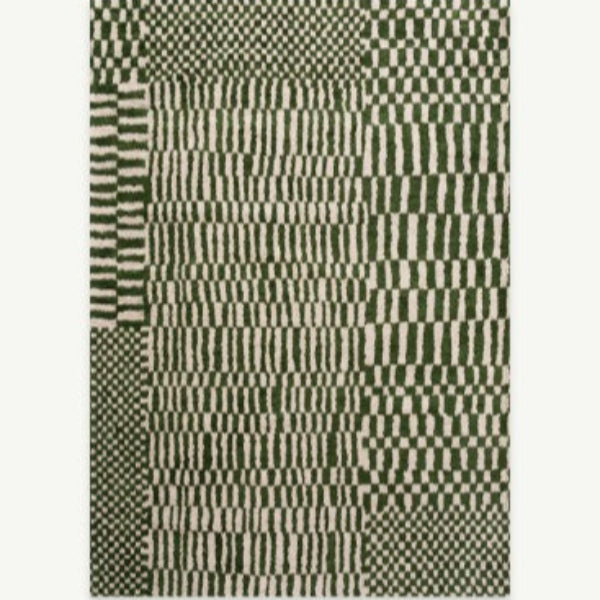 Louis De Poortere Berber Rug with geometric green and beige patterns in luxury woven design