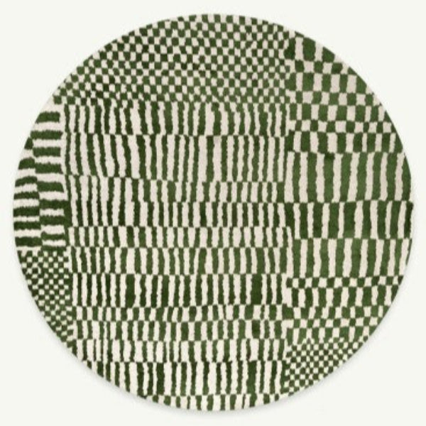 Round luxury Louis De Poortere Berber Rug with green and white geometric pattern