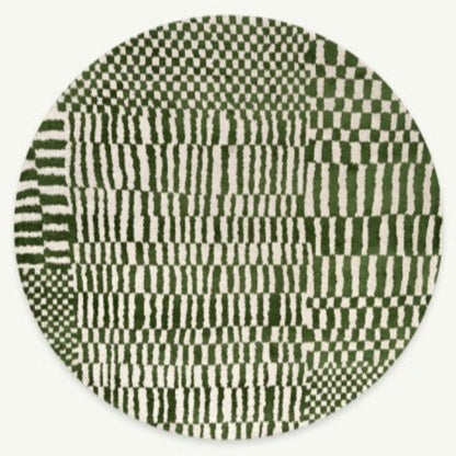 Round luxury Louis De Poortere Berber Rug with green and white geometric pattern