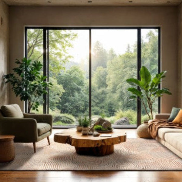Louis De Poortere Coral rug displayed in a bright modern living room with large windows and natural wooden coffee table