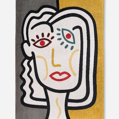 Louis De Poortere Dora and Graffito rug featuring abstract face design in grey yellow and white luxury rug