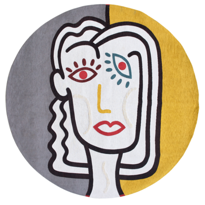 Louis De Poortere Dora and Graffito rug round luxury design with abstract face in yellow and grey