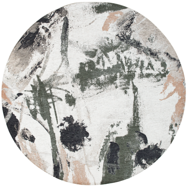 Round luxury Louis De Poortere Fresque rug by London Luxury Rugs with abstract muted green and beige design 