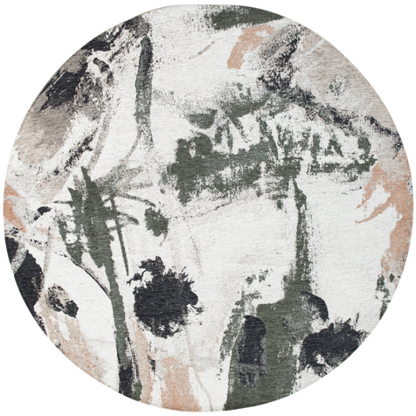 Round luxury Louis De Poortere Fresque rug by London Luxury Rugs with abstract muted green and beige design 