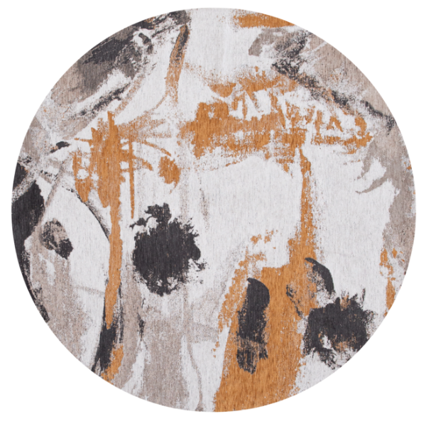 Round Louis De Poortere Fresque rug with abstract orange brown black and white design by London Luxury Rugs