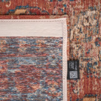 Close-up of Louis De Poortere Kasak rug showing detailed weaving and vibrant colours with label attached