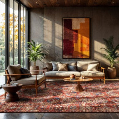 Elegant living room featuring Louis De Poortere Kasak rug with a modern sofa and natural light