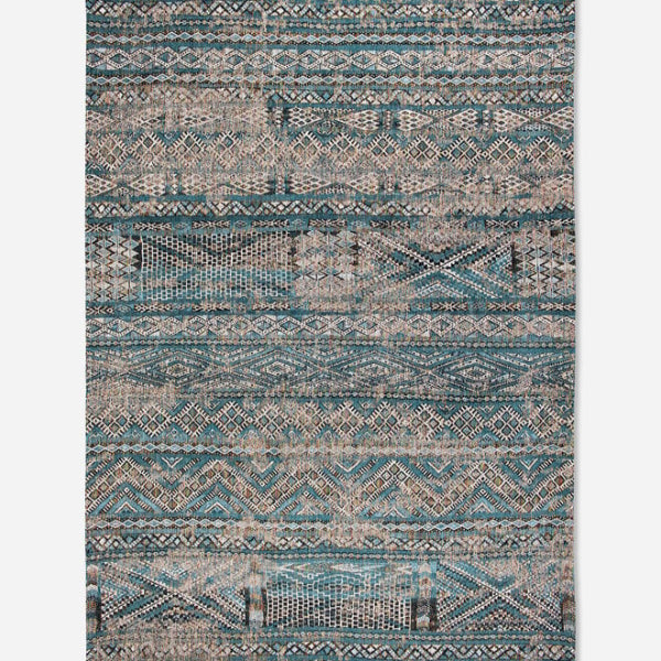 Louis De Poortere kilim rug with intricate geometric patterns in blue and beige tones
