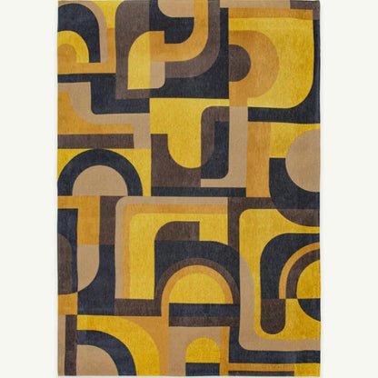 Louis De Poortere Module rug with yellow, brown, and black geometric abstract pattern luxury rug
