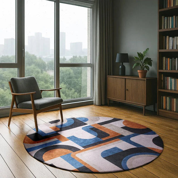 Modern living room featuring a round Louis De Poortere Module rug with abstract geometric patterns in blue and orange tones